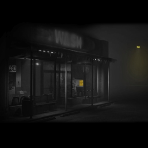 A Laundromat Shop at night with an ad highlighted in yellow
