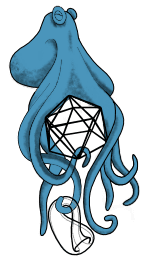 Octopus swimming upwards holding an icosahedron & a Klein bottle